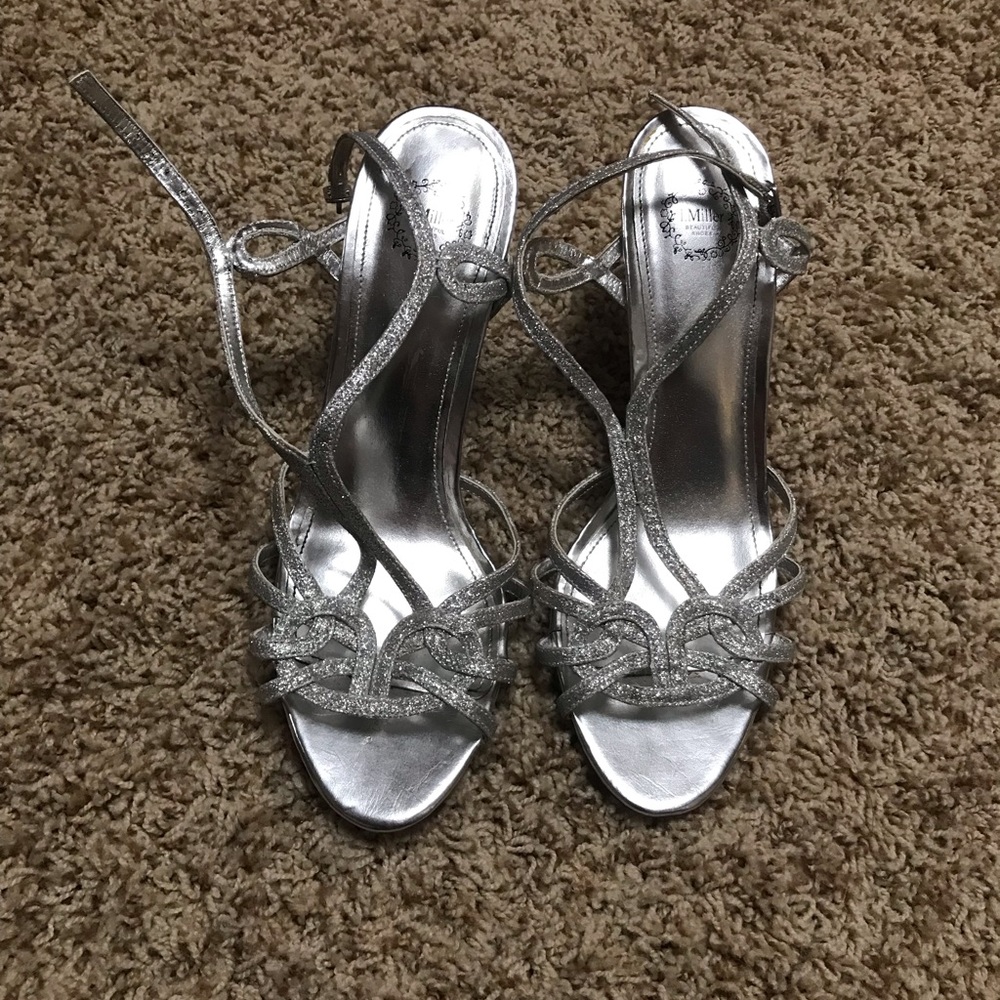 3”  Sparkly grey high heels, worn once. Size 8